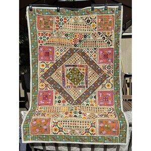 Indian Kutch Embroidery Shisha Mirror Tapestry 38x56 Gujarat Boho Textile